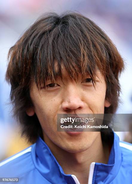 Shunsuke Nakamura of Yokohama Marinos is seen during the J.League match between Yokohama Marinos and Shonan Bellmare at the Nissan Stadium on March...