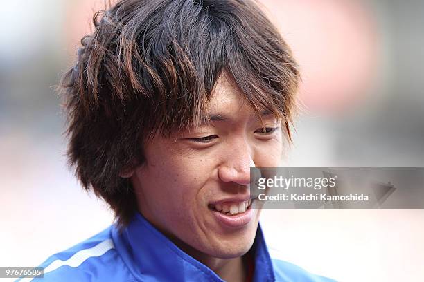 Shunsuke Nakamura of Yokohama Marinos is seen during the J.League match between Yokohama Marinos and Shonan Bellmare at the Nissan Stadium on March...
