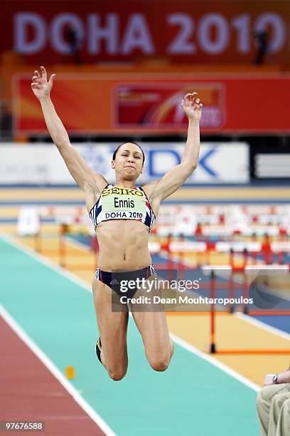 Jessica Ennis of Great Britain competes in the Womens Pentathlon Long Jump during Day 2 of the IAAF World Indoor Championships at the Aspire Dome on...
