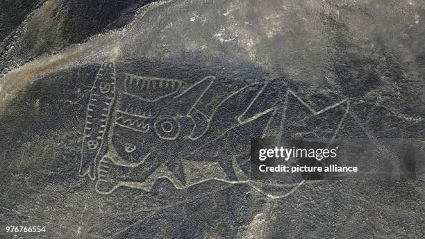 April 2018, Peru, Palpa: Aerial view of the geometrical figures and lines as well as animal and plant depictions. The newly discovered geoglyphs are...