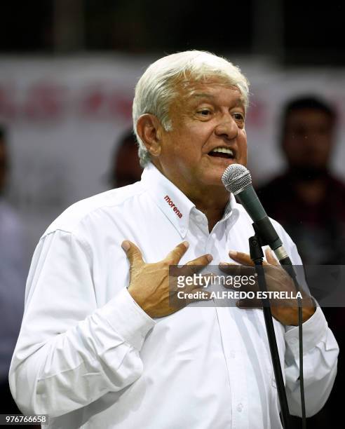 Mexican presidential candidate for the MORENA party, Andres Manuel Lopez Obrador, speaks to his supporters during a campaign rally on June 16, 2018...