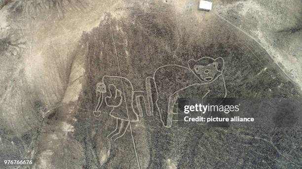 April 2018, Peru, Palpa: Aerial view of the geometrical figures and lines as well as animal and plant depictions. The newly discovered geoglyphs are...