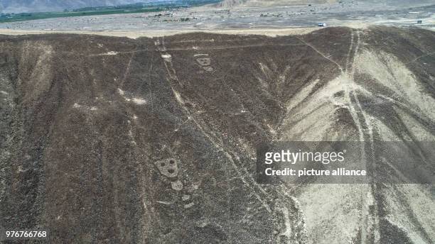April 2018, Peru, Palpa: Aerial view of the geometrical figures and lines as well as animal and plant depictions. The newly discovered geoglyphs are...