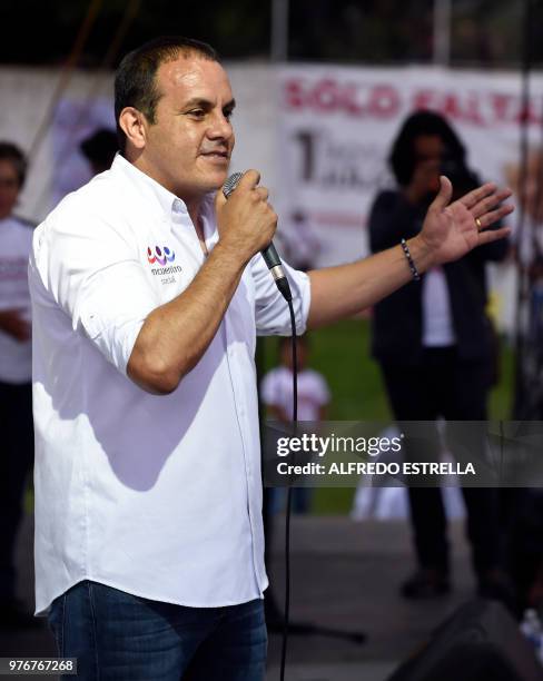 Gubernatorial candidate for Morelos State Cuauhtemoc Blanco for the PES speaks during a campaign rally on June 16, 2018 ahead of the upcoming July 1...