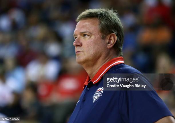 Head Coach Bill Self of the United States looks on during the Gold Medal final of the FIBA U18 Americas Championship against Canada at the Meridian...