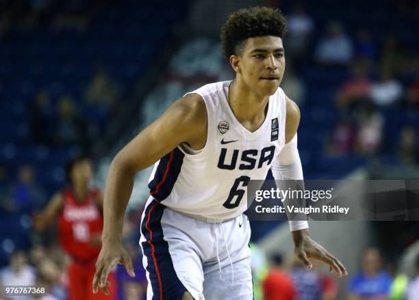 Quentin Grimes of the United States looks on during the Gold Medal final of the FIBA U18 Americas Championship against Canada at the Meridian Centre...