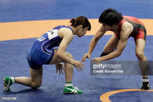 Yuki Irie competes against Kika Kagata in the Women's 50kg second round match on day four of the All Japan Wrestling Invitational Championships at...