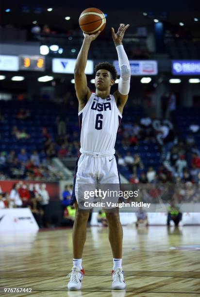 Quentin Grimes of the United States shoots a free throw during the Gold Medal final of the FIBA U18 Americas Championship against Canada at the...