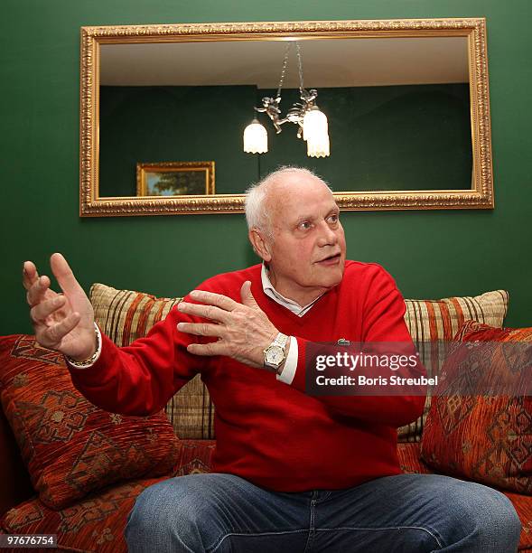 Otto Pfister, former national coach of Kamerun attends an interview during the 7th International football film festival '11mm' on March 13, 2010 in...