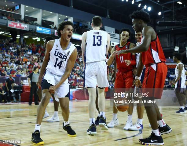 Jeremiah Robinson of the United States reacts after dunking the ball during the Gold Medal final of the FIBA U18 Americas Championship against Canada...