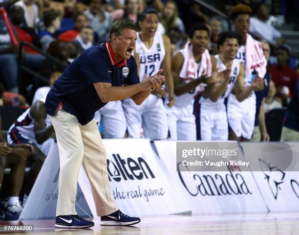 Head Coach Bill Self of the United States reacts during the Gold Medal final of the FIBA U18 Americas Championship against Canada at the Meridian...