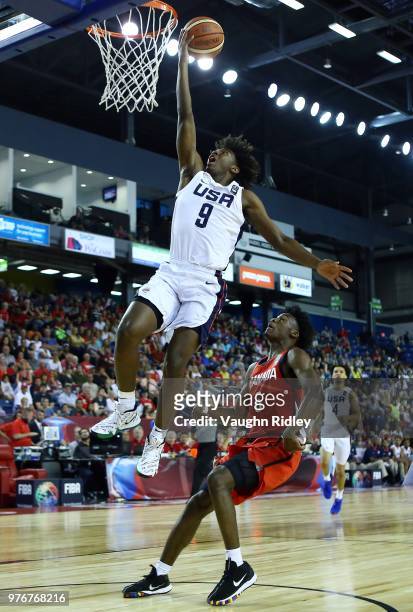 Tyrese Maxey of the United States shoots the ball as Joel Brown of Canada defends during the Gold Medal final of the FIBA U18 Americas Championship...