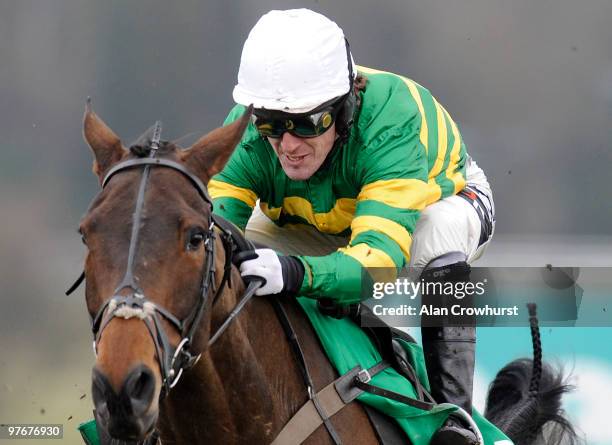 Jockey Tony McCoy riding Sonowyouno in The European Breeders' Fund Paddy Power 'National Hunt' Novices' Handicap Hurdle Race Final run at Sandown...