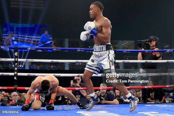 Errol Spence Jr. Knocks out Carlos Ocampo in the first round of a IBF Welterweight Championship bout at The Ford Center at The Star on June 16, 2018...
