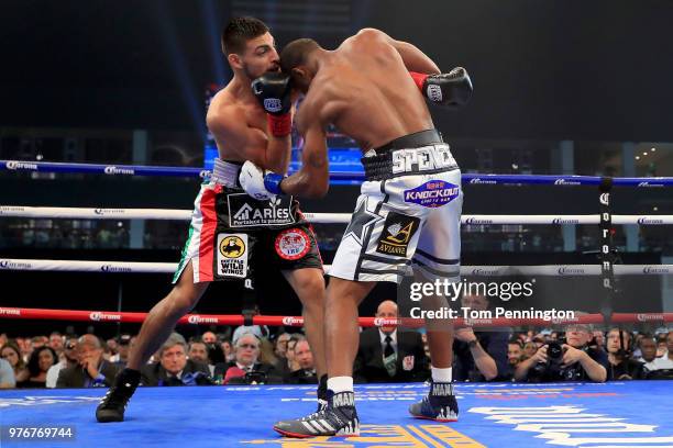 Errol Spence Jr. Lands a body shot on Carlos Ocampo in the first round of a IBF Welterweight Championship bout at The Ford Center at The Star on June...