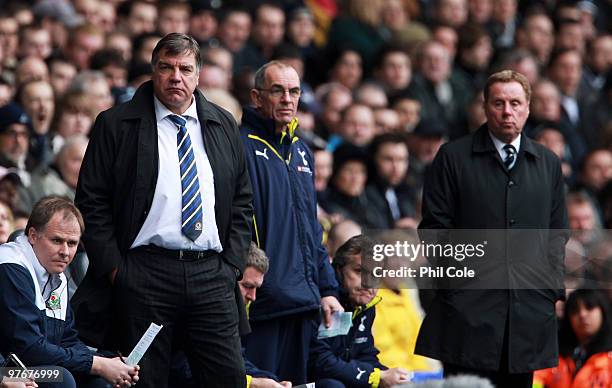 Sam Allardyce, Manager of Blackburn Rovers looks on with Harry Redknapp , Manager of Tottenham Hotspur and his first team coach Joe Jordan during the...