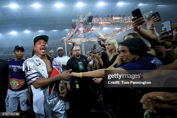 Errol Spence Jr. Celebrates with fans after knocking out Carlos Ocampo in the first round of a IBF Welterweight Championship bout at The Ford Center...