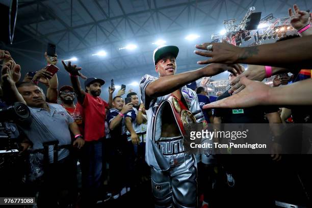Errol Spence Jr. Celebrates with fans after knocking out Carlos Ocampo in the first round of a IBF Welterweight Championship bout at The Ford Center...
