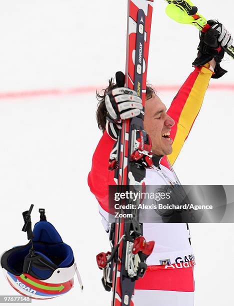 Felix Neureuther of Germany takes 1st place during the Audi FIS Alpine Ski World Cup Men's Slalom on March 13, 2010 in Garmisch-Partenkirchen,...