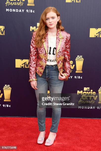Actor Sadie Sink attends the 2018 MTV Movie And TV Awards at Barker Hangar on June 16, 2018 in Santa Monica, California.