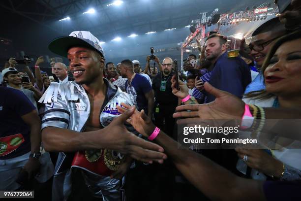 Errol Spence Jr. Celebrates with fans after knocking out Carlos Ocampo in the first round of a IBF Welterweight Championship bout at The Ford Center...