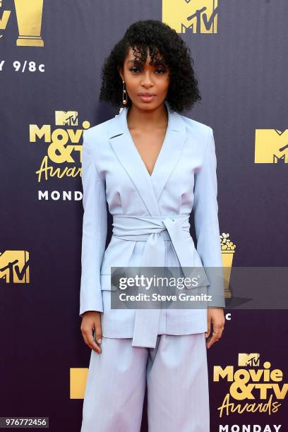 Actor Yara Shahidi attends the 2018 MTV Movie And TV Awards at Barker Hangar on June 16, 2018 in Santa Monica, California.