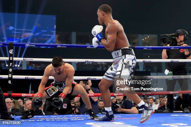 Errol Spence Jr. Knocks out Carlos Ocampo in the first round of a IBF Welterweight Championship bout at The Ford Center at The Star on June 16, 2018...