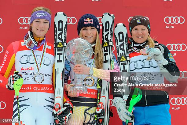 Lindsey Vonn of USA takes the globe for the overall World Cup during the Audi FIS Alpine Ski World Cup on March 13, 2010 in Garmisch-Partenkirchen,...