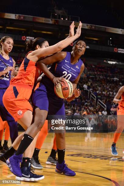 Camille Little of the Phoenix Mercury handles the ball against the Connecticut Sun on June 16, 2018 at Talking Stick Resort Arena in Phoenix,...