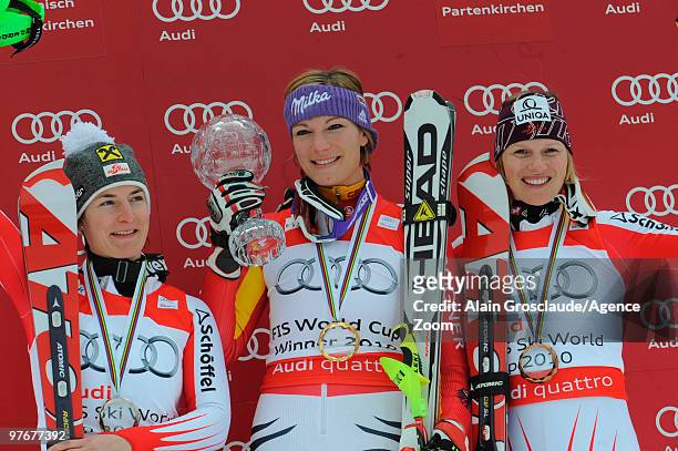 Maria Riesch of Germany takes the globe for the overall World Cup Slalom during the Audi FIS Alpine Ski World Cup WomenÕs Slalom on March 13, 2010 in...