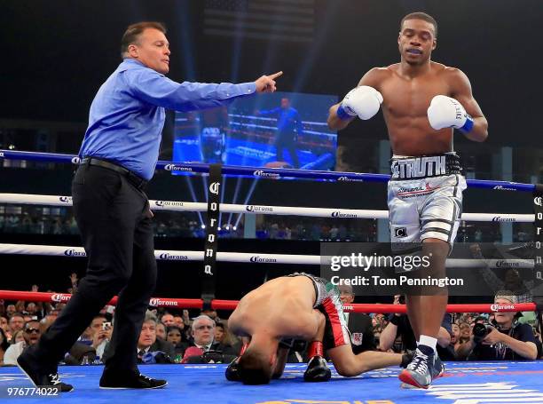 Errol Spence Jr. Knocks out Carlos Ocampo in the first round of a IBF Welterweight Championship bout at The Ford Center at The Star on June 16, 2018...