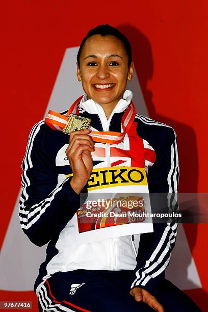 Jessica Ennis of Great Britain receives the gold medal for the womens Pentathlon during Day 2 of the IAAF World Indoor Championships at the Aspire...