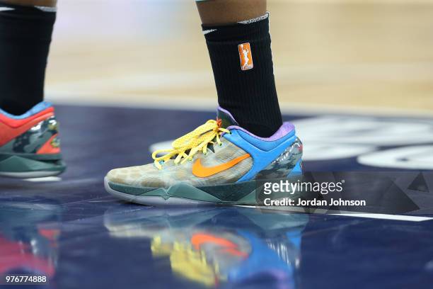 Sneakers of Epiphanny Prince of the New York Liberty seen during the game against the Minnesota Lynx on June 16, 2018 at Target Center in...