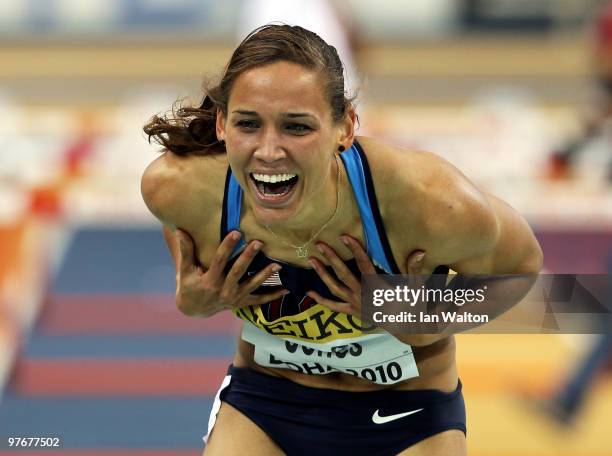 Lolo Jones of United States celebrates winning gold in the Womens 60m Hurdles Final during Day 2 of the IAAF World Indoor Championships at the Aspire...