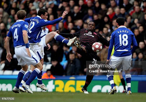 Victor Anichebe of Everton is challenged by Barry Ferguson of Birmingham during the Barclays Premier League match between Birmingham City and Everton...