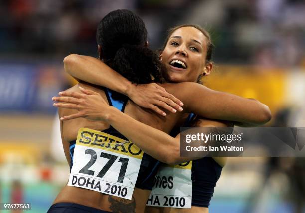 Lolo Jones of United States celebrates winning gold in the Womens 60m Hurdles Final during Day 2 of the IAAF World Indoor Championships at the Aspire...