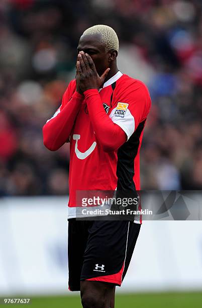 Arouna Kone of Hannover reacts to a missed chance during the Bundesliga match between Hannover 96 and Eintracht Frankfurt at AWD-Arena on March 13,...