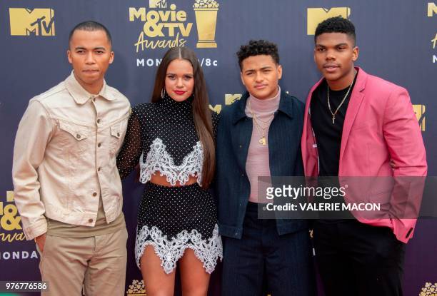 Actors Raymond Cham Jr , Nate Potvin , Madison Pettis, and Spence Moore II attend the 2018 MTV Movie & TV awards, at the Barker Hangar in Santa...