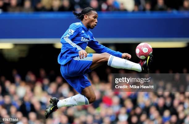 Didier Drogba of Chelsea controls the ball during the Barclays Premier League match between Chelsea and West Ham United at Stamford Bridge on March...