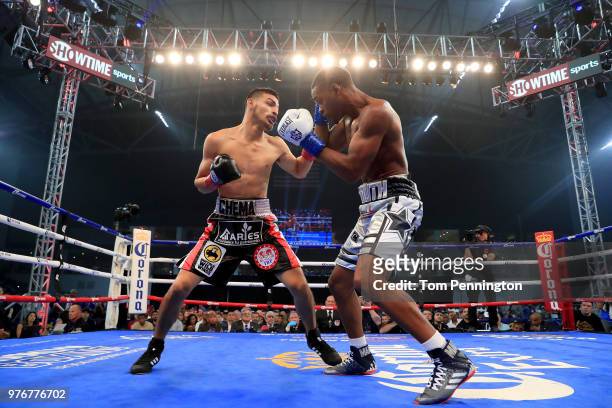 Errol Spence Jr. Takes on Carlos Ocampo in the first round of a IBF Welterweight Championship bout at The Ford Center at The Star on June 16, 2018 in...