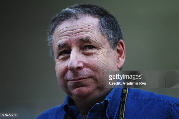 President Jean Todt is seen in the paddock following qualifying for the Bahrain Formula One Grand Prix at the Bahrain International Circuit on March...