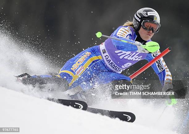 Sweden's Anja Paerson competes in the women's Alpine skiing World Cup Slalom finals in Garmisch Partenkirchen, southern Germany on March 13, 2010....