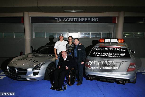 Michael Schumacher of Germany and Mercedes GP, Michelle Yeoh, F.I.A. President Jean Todt and Williams Team Principal Sir Frank Williams appear in the...