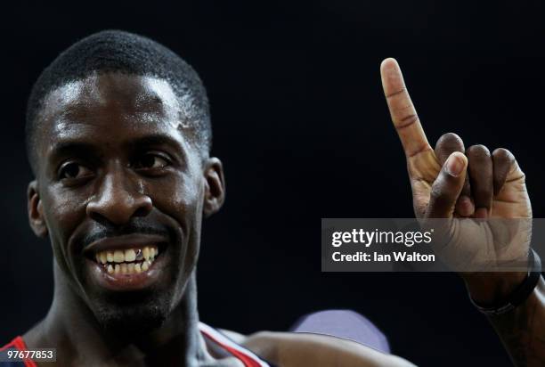 Dwain Chambers of Great Britain celebrates winning Gold in the Mens 60m Final during Day 2 of the IAAF World Indoor Championships at the Aspire Dome...