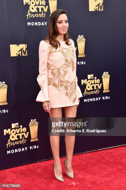 Actor Aubrey Plaza attends the 2018 MTV Movie And TV Awards at Barker Hangar on June 16, 2018 in Santa Monica, California.