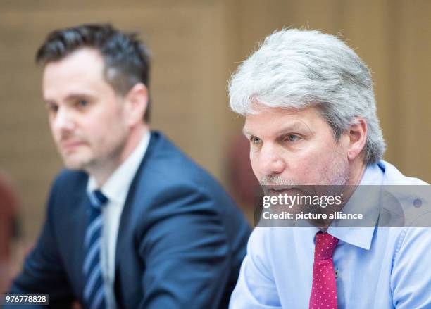 April 2018, Germany, Berlin: Holger Brocke , public prosecutor, and Sjors Kamstra, Oberstaatsanwalt , answer questions from the media at a press...