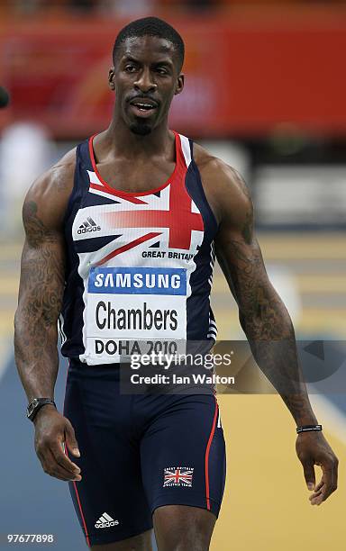 Dwain Chambers of Great Britain celebrates winning Gold in the Mens 60m Final during Day 2 of the IAAF World Indoor Championships at the Aspire Dome...