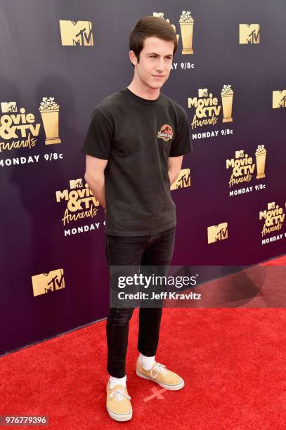 Actor Dylan Minnette attends the 2018 MTV Movie And TV Awards at Barker Hangar on June 16, 2018 in Santa Monica, California.