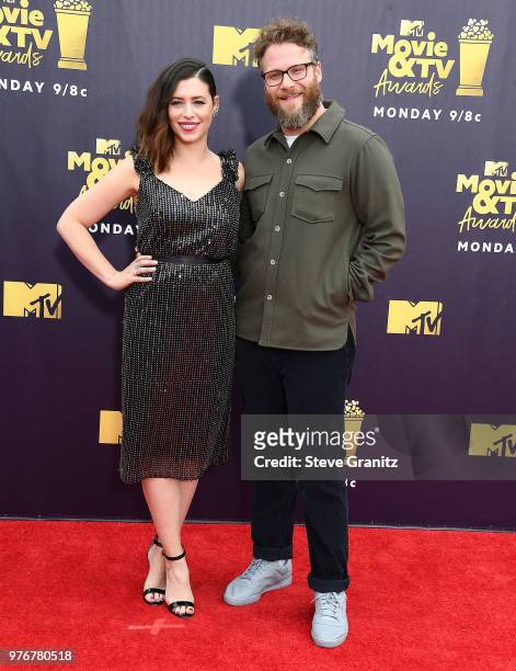 Seth Rogen, Lauren Miller arrives at the 2018 MTV Movie And TV Awards at Barker Hangar on June 16, 2018 in Santa Monica, California.