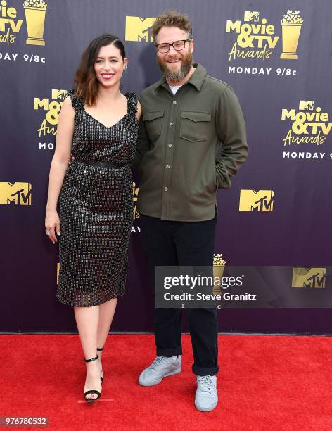 Seth Rogen, Lauren Miller arrives at the 2018 MTV Movie And TV Awards at Barker Hangar on June 16, 2018 in Santa Monica, California.